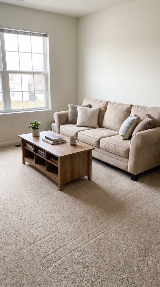 The same living room after cleaning, tidy and vacuumed
