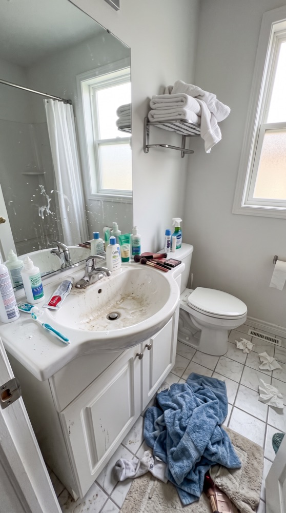 Bathroom before cleaning, water spots and cluttered counter