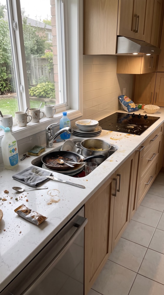Kitchen before cleaning, dirty dishes piled in the sink and clutter on the counters