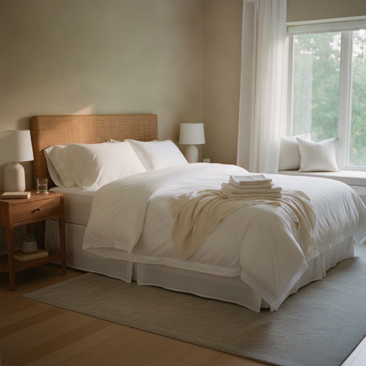 A neatly made bed with fresh linens and folded towels in a tidy bedroom